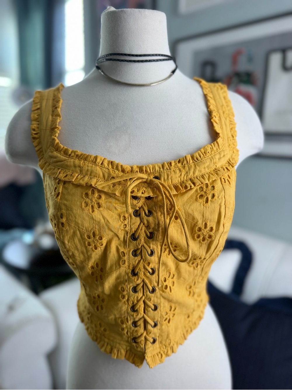 Yellow Eyelet Lace-Up Cropped Corset Tank Top